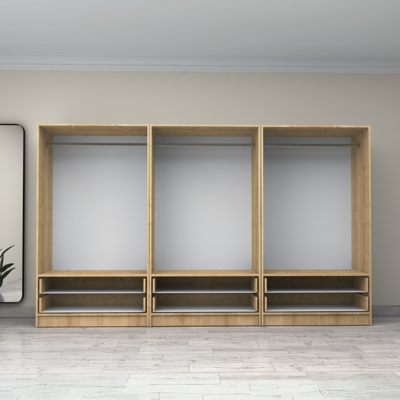 Ντουλάπα ρούχων εξάφυλλη με συρτάρια χρώμα φυσικό οξιάς 3