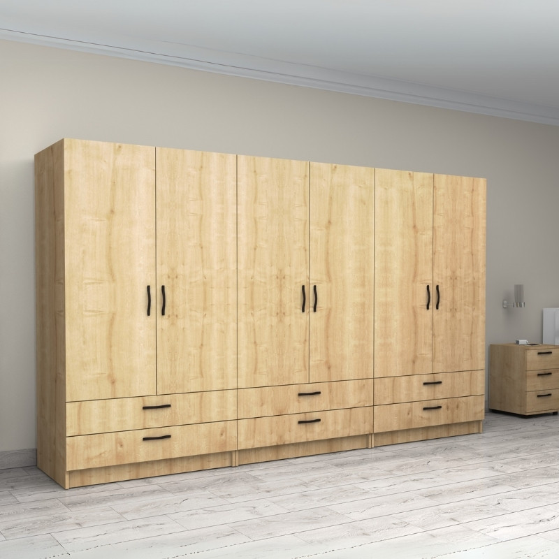 Ντουλάπα ρούχων εξάφυλλη με συρτάρια χρώμα φυσικό οξιάς 4