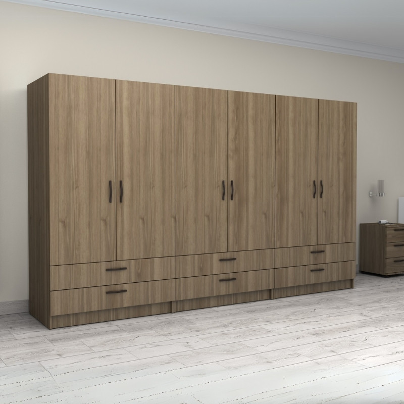 Ντουλάπα ρούχων εξάφυλλη με συρτάρια χρώμα καρυδί 4