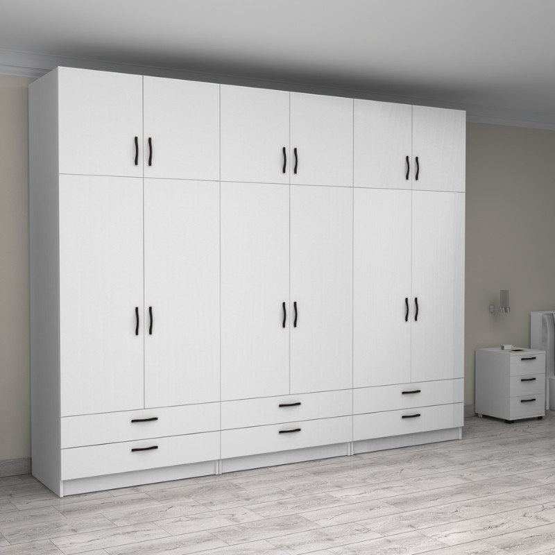 Ντουλάπα ρούχων εξάφυλλη με πατάρι και συρτάρια χρώμα λευκό 4