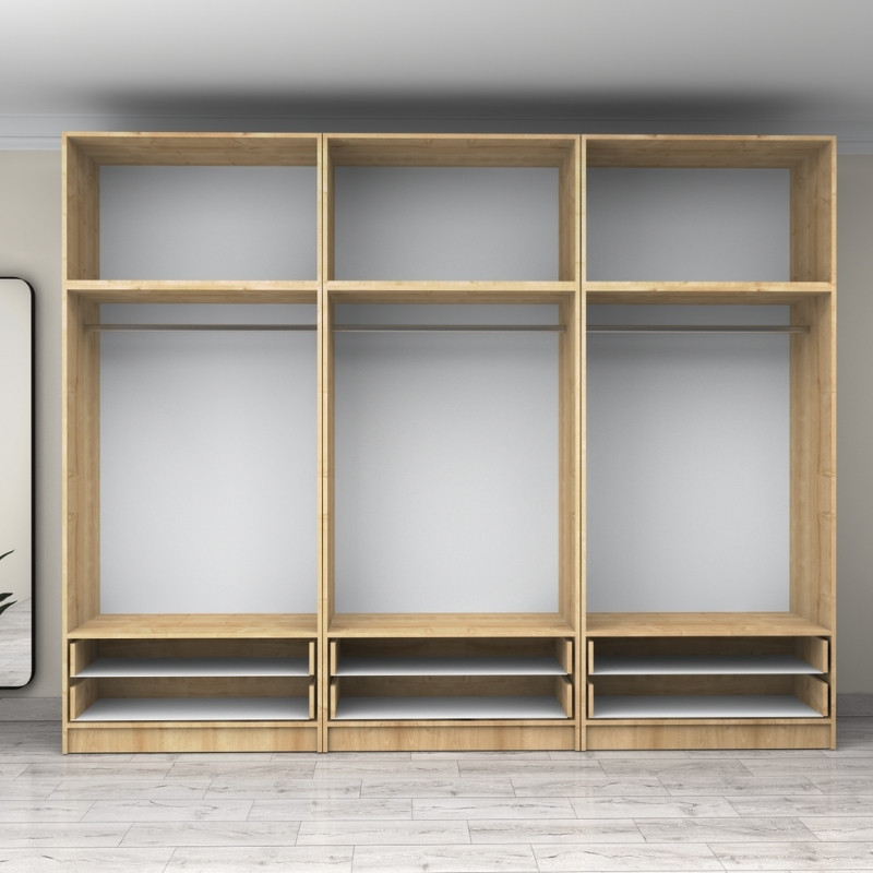 Ντουλάπα ρούχων εξάφυλλη με πατάρι και συρτάρια χρώμα φυσικό οξιάς 3