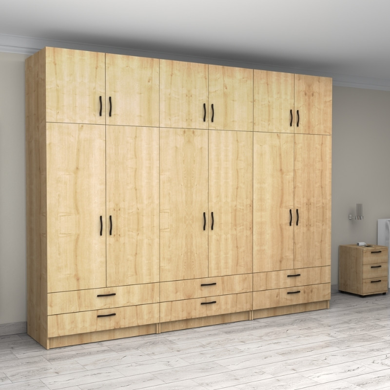 Ντουλάπα ρούχων εξάφυλλη με πατάρι και συρτάρια χρώμα φυσικό οξιάς 4