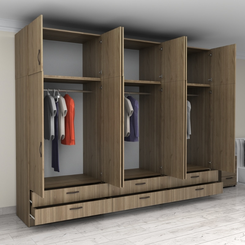 Ντουλάπα ρούχων εξάφυλλη με πατάρι και συρτάρια χρώμα καρυδί 2