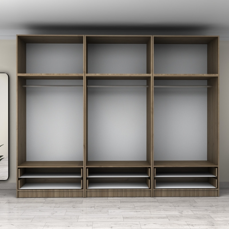 Ντουλάπα ρούχων εξάφυλλη με πατάρι και συρτάρια χρώμα καρυδί 3