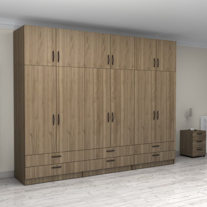 Ντουλάπα ρούχων εξάφυλλη με πατάρι και συρτάρια χρώμα καρυδί 4