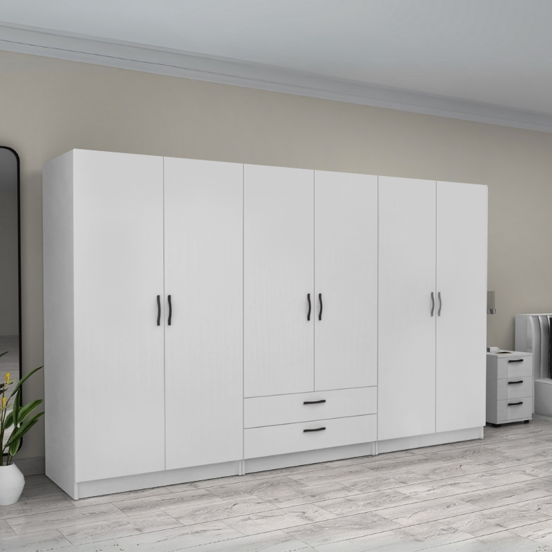 Ντουλάπα ρούχων εξάφυλλη με συρτάρια χρώμα λευκό 4