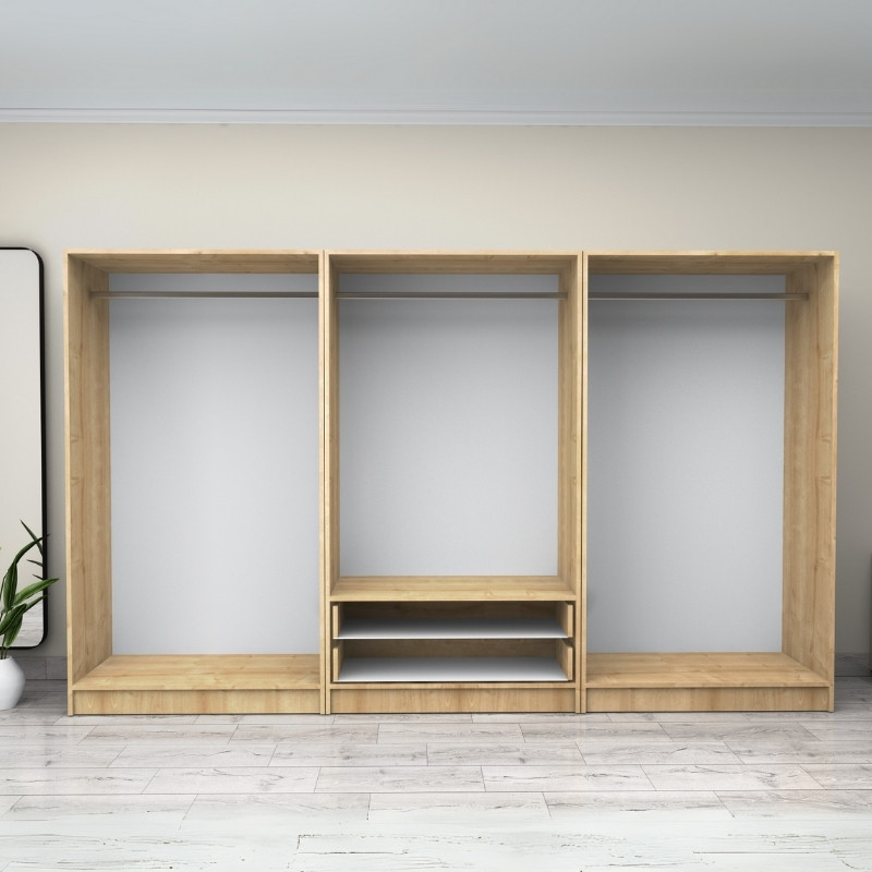 Ντουλάπα ρούχων εξάφυλλη με συρτάρια χρώμα φυσικό οξιάς 3