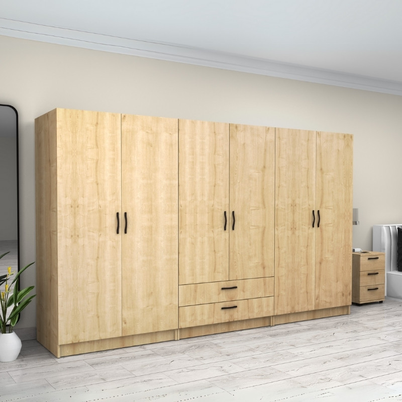 Ντουλάπα ρούχων εξάφυλλη με συρτάρια χρώμα φυσικό οξιάς 4