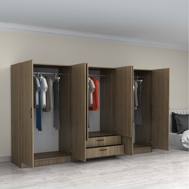 Ντουλάπα ρούχων εξάφυλλη με συρτάρια χρώμα καρυδί 2