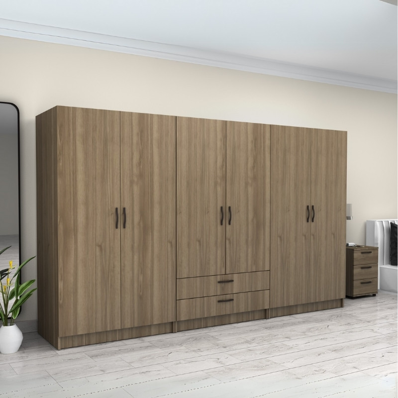 Ντουλάπα ρούχων εξάφυλλη με συρτάρια χρώμα καρυδί 4