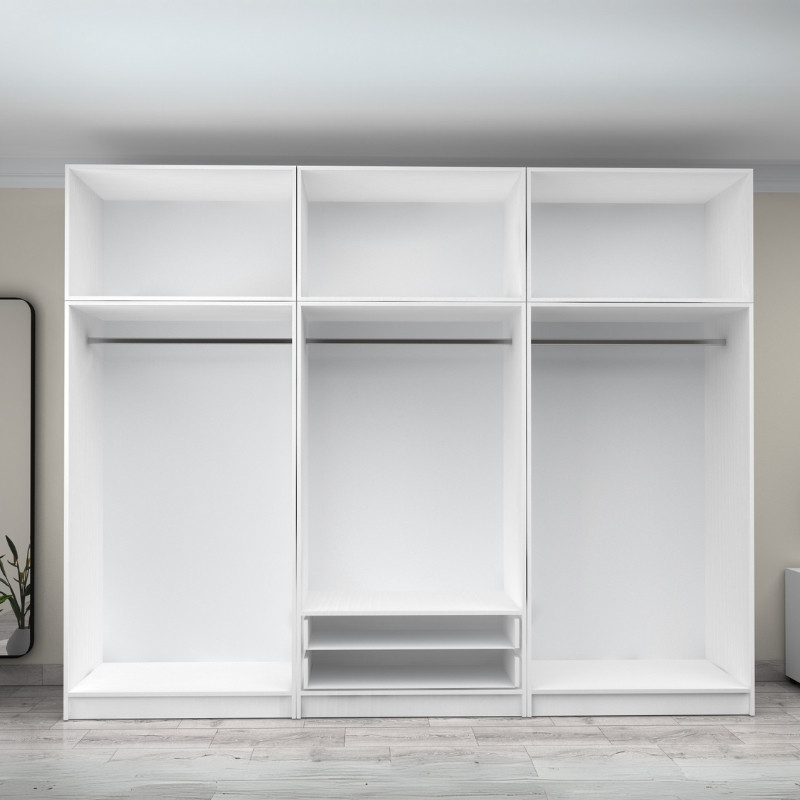 Ντουλάπα ρούχων εξάφυλλη με πατάρι και συρτάρια χρώμα λευκό 3