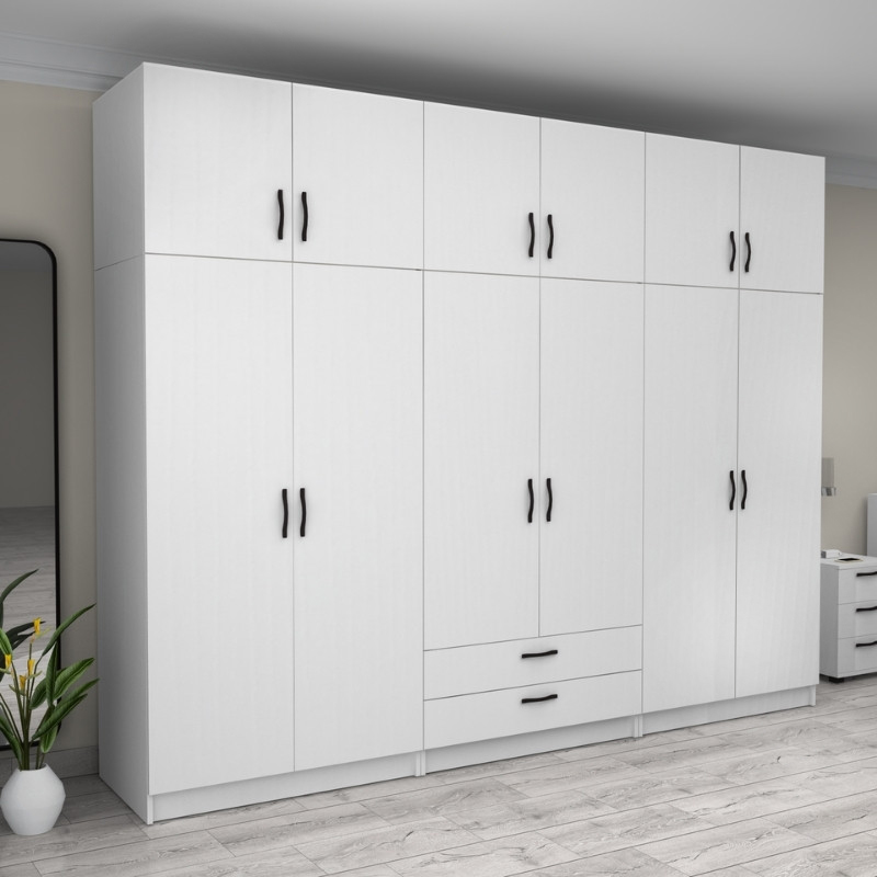Ντουλάπα ρούχων εξάφυλλη με πατάρι και συρτάρια χρώμα λευκό 4