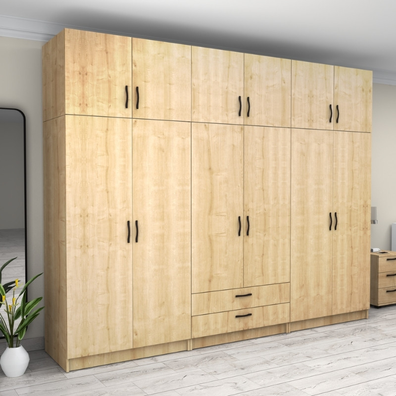 Ντουλάπα ρούχων εξάφυλλη με πατάρι και συρτάρια χρώμα φυσικό οξιάς 4