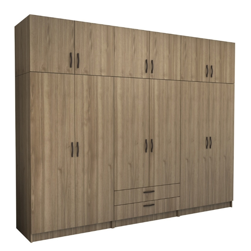 Ντουλάπα ρούχων εξάφυλλη με πατάρι και συρτάρια χρώμα καρυδί