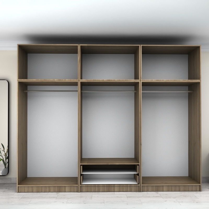 Ντουλάπα ρούχων εξάφυλλη με πατάρι και συρτάρια χρώμα καρυδί 3