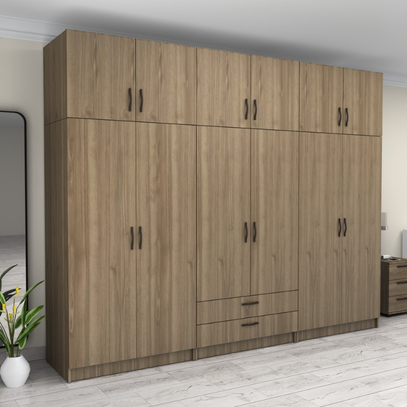 Ντουλάπα ρούχων εξάφυλλη με πατάρι και συρτάρια χρώμα καρυδί 4