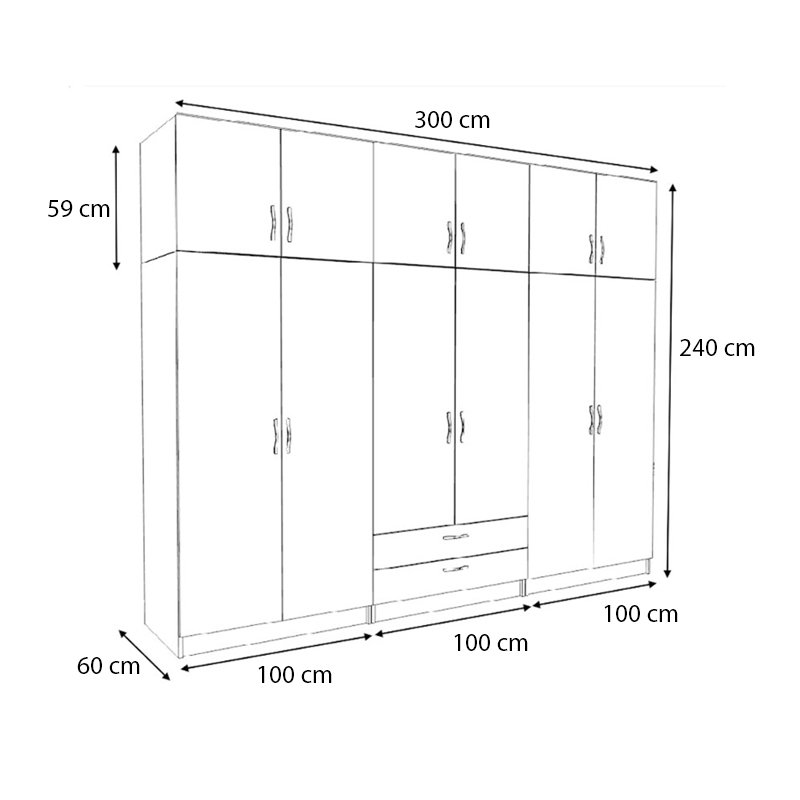 Ντουλάπα ρούχων εξάφυλλη με πατάρι και συρτάρια χρώμα καρυδί 5