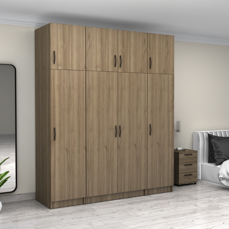 Ντουλάπα ρούχων τετράφυλλη με πατάρι χρώμα καρυδί 4