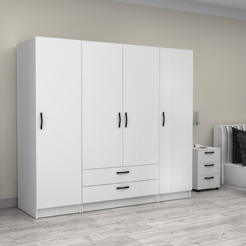 Ντουλάπα ρούχων τετράφυλλη με συρτάρια χρώμα λευκό 4