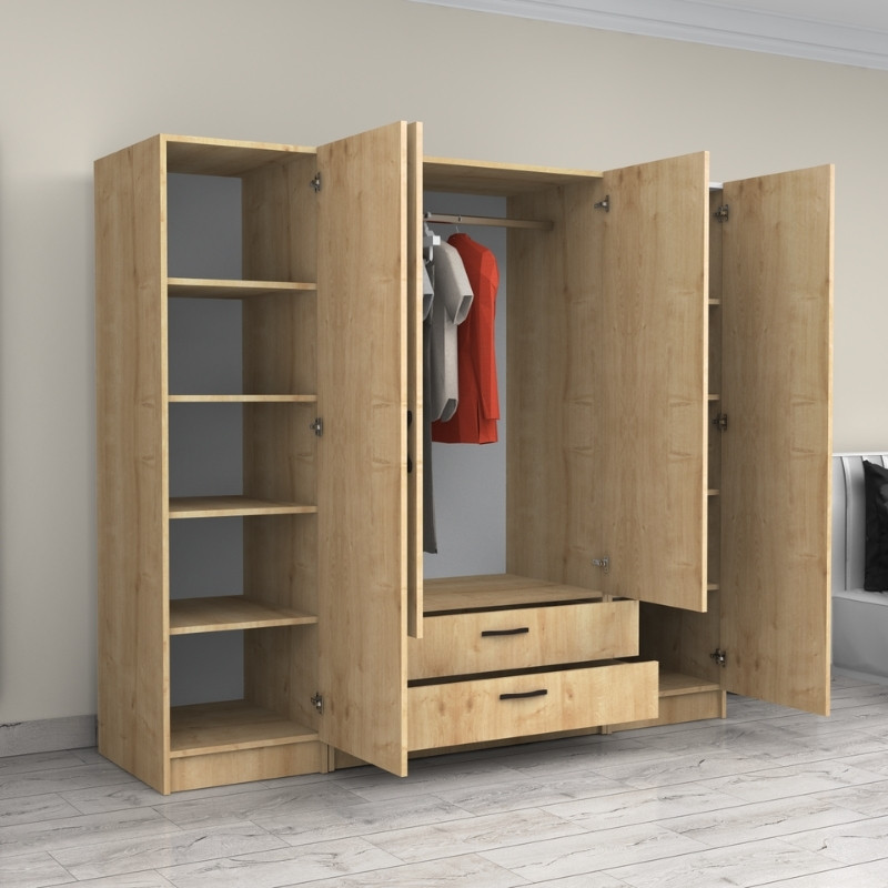 Ντουλάπα ρούχων τετράφυλλη με συρτάρια χρώμα φυσικό οξιάς 2