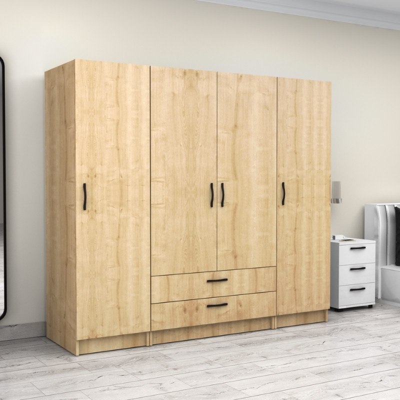 Ντουλάπα ρούχων τετράφυλλη με συρτάρια χρώμα φυσικό οξιάς 4