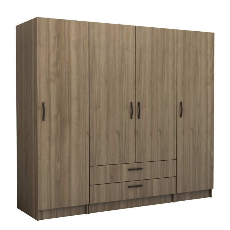 Ντουλάπα ρούχων τετράφυλλη με συρτάρια χρώμα καρυδί