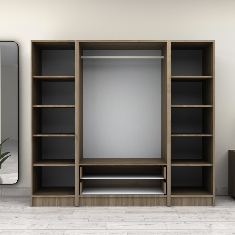 Ντουλάπα ρούχων τετράφυλλη με συρτάρια χρώμα καρυδί 3