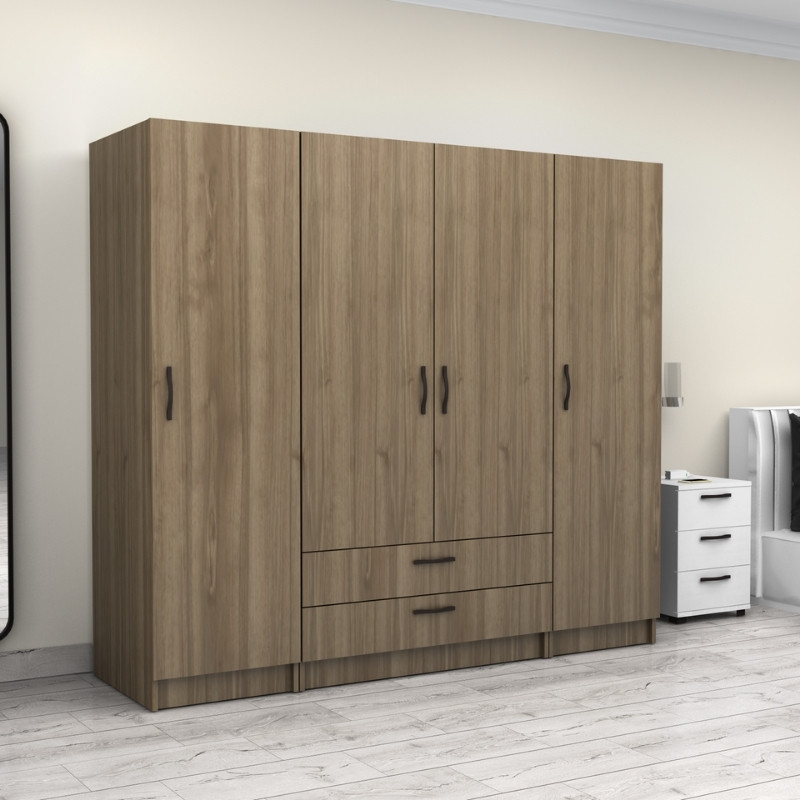 Ντουλάπα ρούχων τετράφυλλη με συρτάρια χρώμα καρυδί 4