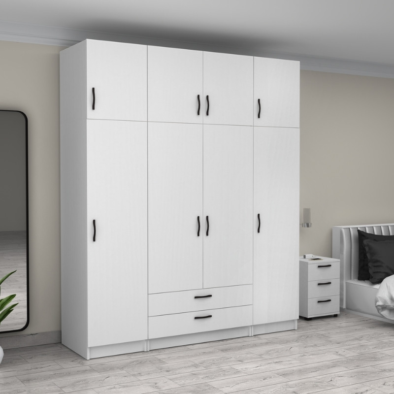 Ντουλάπα ρούχων τετράφυλλη με πατάρι και συρτάρια χρώμα λευκό 4