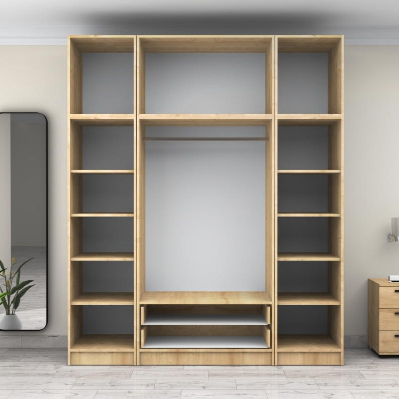 Ντουλάπα ρούχων τετράφυλλη με πατάρι και συρτάρια χρώμα φυσικό οξιάς 3