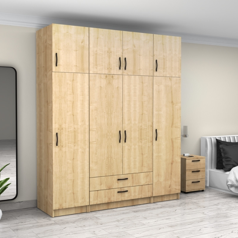 Ντουλάπα ρούχων τετράφυλλη με πατάρι και συρτάρια χρώμα φυσικό οξιάς 4