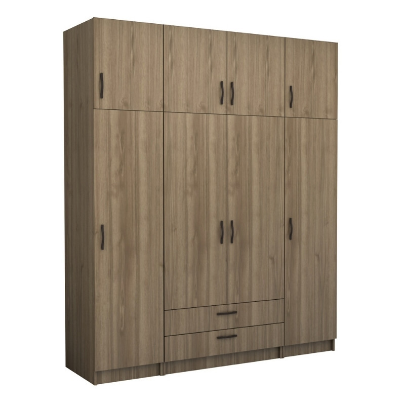 Ντουλάπα ρούχων τετράφυλλη με πατάρι και συρτάρια χρώμα καρυδί