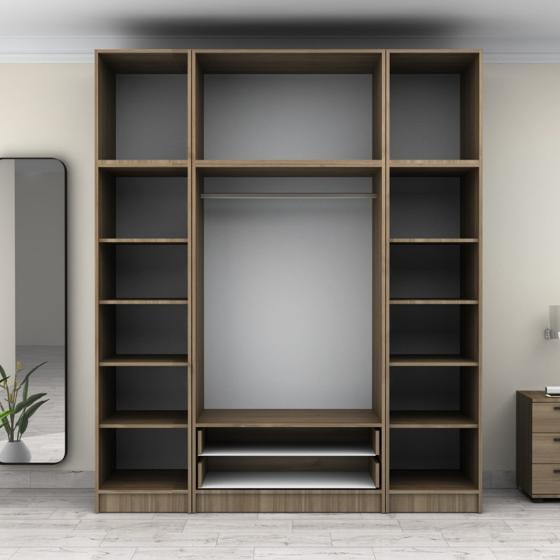 Ντουλάπα ρούχων τετράφυλλη με πατάρι και συρτάρια χρώμα καρυδί 3