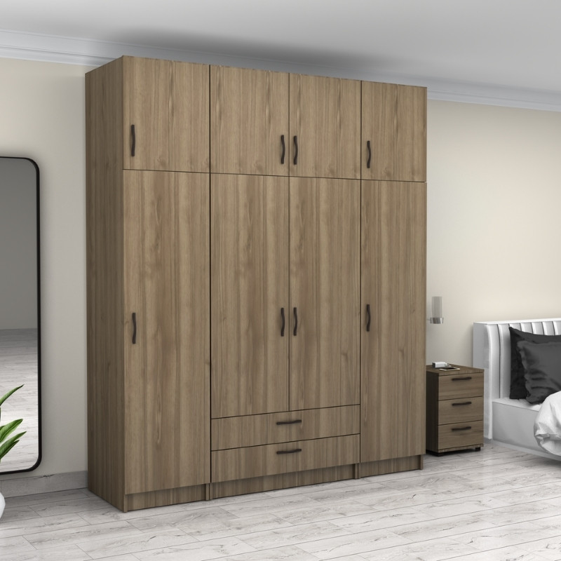 Ντουλάπα ρούχων τετράφυλλη με πατάρι και συρτάρια χρώμα καρυδί 4