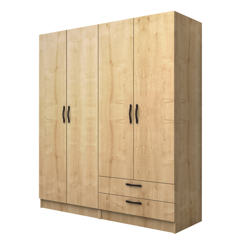 Ντουλάπα ρούχων τετράφυλλη με συρτάρια χρώμα φυσικό οξιάς