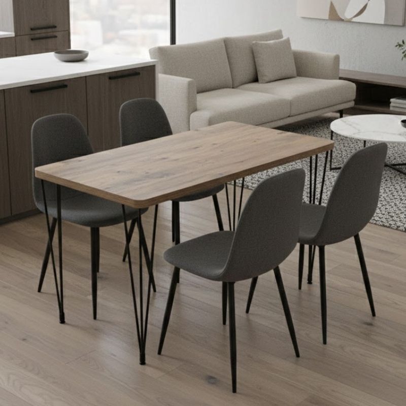 Σετ τραπεζαρία 5τμχ - Mdf - ύφασμα χρώμα ακακίας - γκρι