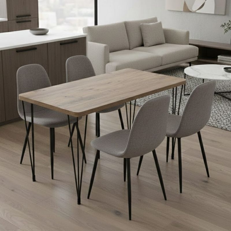 Σετ τραπεζαρία 5τμχ - Mdf - ύφασμα χρώμα ακακίας - ανοιχτό μπεζ