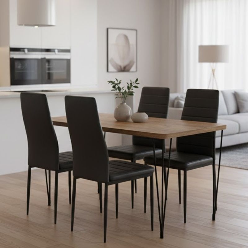 Σετ τραπεζαρία 5τμχ - Mdf - PU χρώμα ακακίας - μαύρο