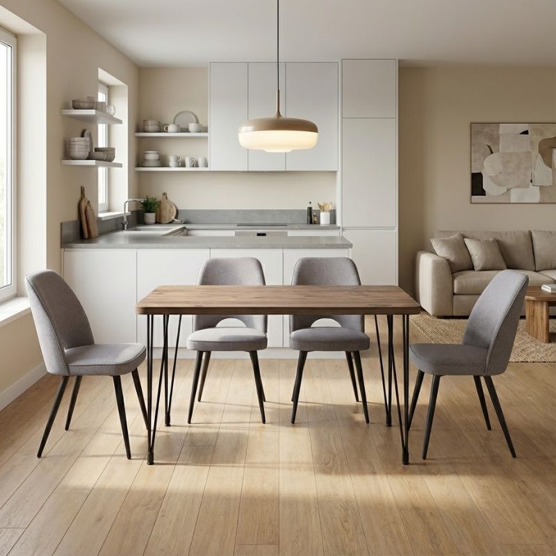 Σετ τραπεζαρία 5τμχ - Mdf - ύφασμα χρώμα ακακίας - ανοιχτό μπεζ