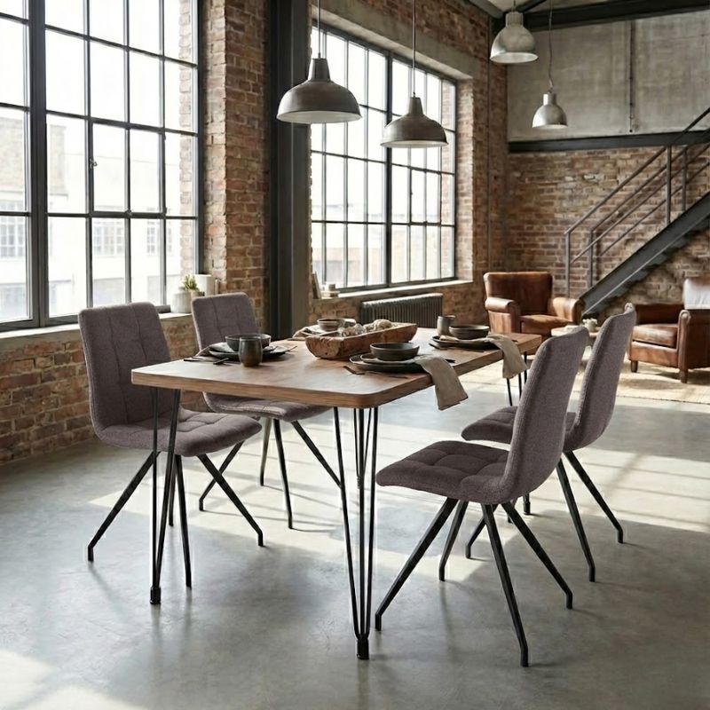 Σετ τραπεζαρία 5τμχ - Mdf - ύφασμα χρώμα ακακίας - ανοιχτό μπεζ