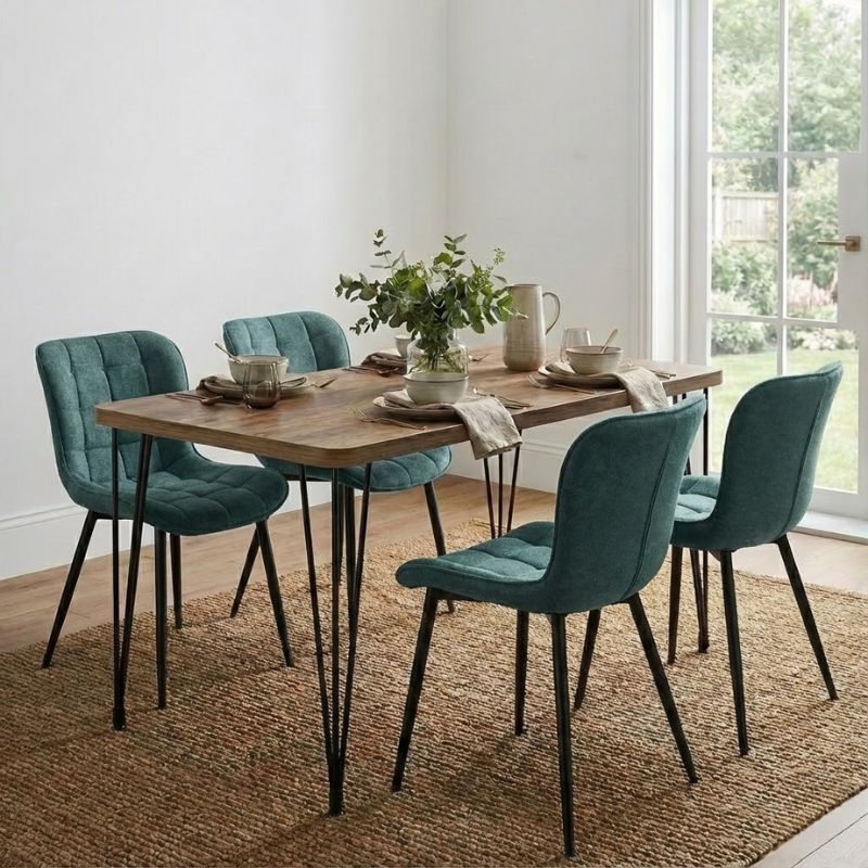 Σετ τραπεζαρία 5τμχ - Mdf - ύφασμα χρώμα ακακίας - πράσινο