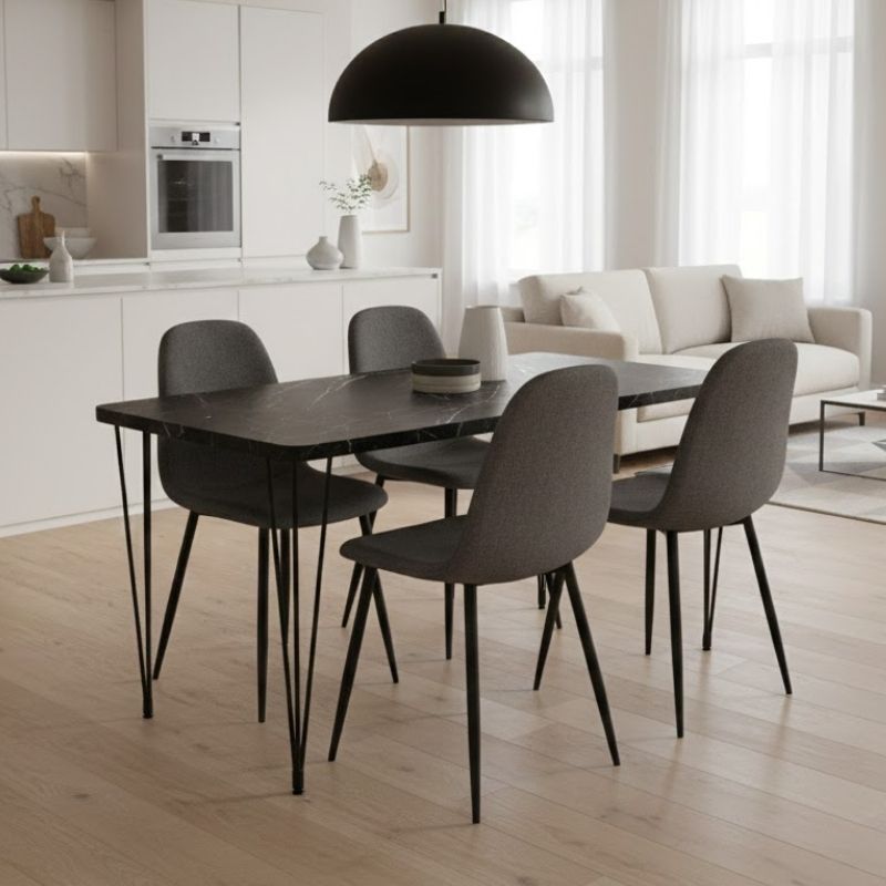 Σετ τραπεζαρία 5τμχ - Mdf - ύφασμα χρώμα μαύρο εφέ μαρμάρου - γκρι