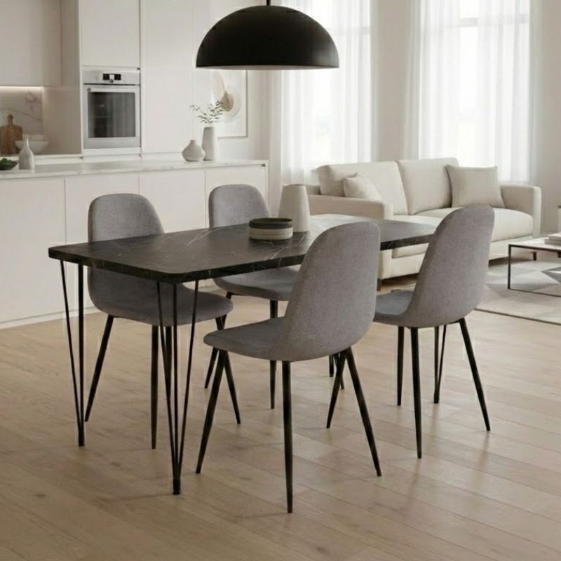 Σετ τραπεζαρία 5τμχ - Mdf - ύφασμα χρώμα μαύρο εφέ μαρμάρου - ανοιχτό μπεζ