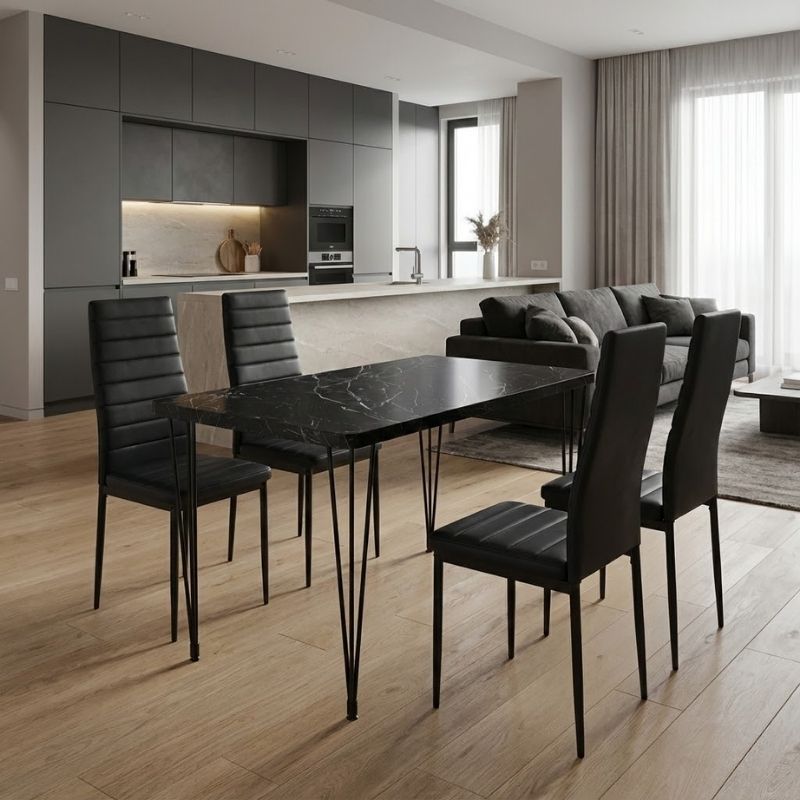 Σετ τραπεζαρία 5τμχ - Mdf - PU χρώμα μαύρο εφέ μαρμάρου - μαύρο