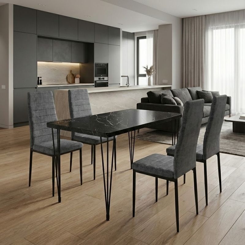 Σετ τραπεζαρία 5τμχ - Mdf - ύφασμα χρώμα μαύρο εφέ μαρμάρου - γκρι