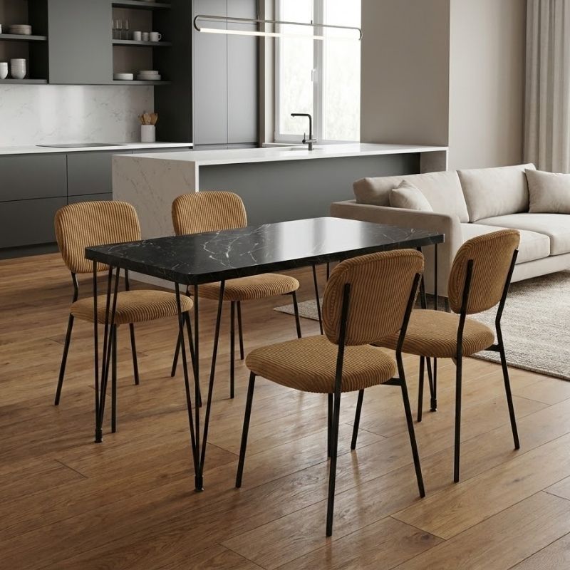 Σετ τραπεζαρία 5τμχ - Mdf - ύφασμα χρώμα μαύρο εφέ μαρμάρου - μουσταρδί