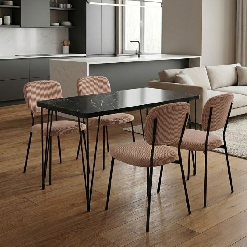 Σετ τραπεζαρία 5τμχ - Mdf - ύφασμα χρώμα μαύρο εφέ μαρμάρου - μόκα