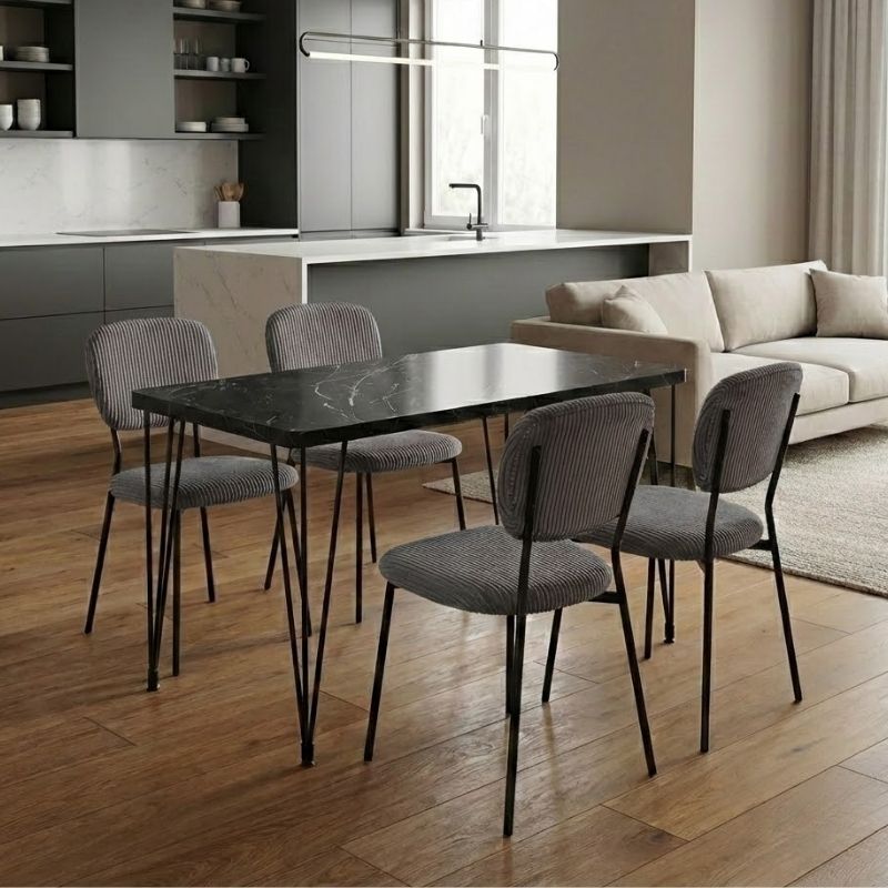 Σετ τραπεζαρία 5τμχ - Mdf - ύφασμα χρώμα μαύρο εφέ μαρμάρου - γκρι