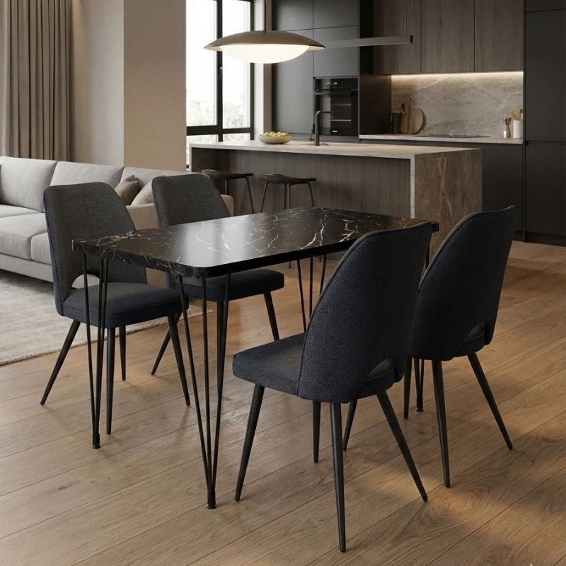 Σετ τραπεζαρία 5τμχ - Mdf - ύφασμα χρώμα μαύρο εφέ μαρμάρου - ανθρακί