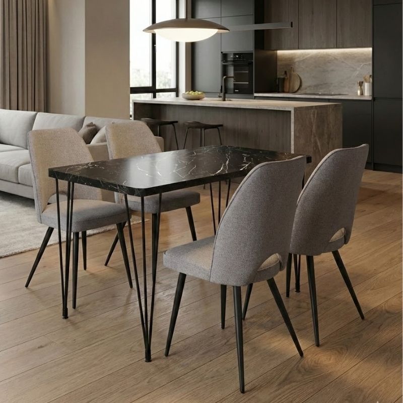 Σετ τραπεζαρία 5τμχ - Mdf - ύφασμα χρώμα μαύρο εφέ μαρμάρου - ανοιχτό μπεζ